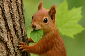 Poster de jardin Écureuil A red squirrel enjoys a fresh leaf amidst the whispers of nature  © Oleg