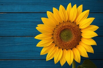 Obraz premium A Vibrant Sunflower in Full Bloom Against a Deep Blue Wooden Canvas