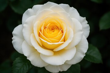 A solitary white rose blooms in stark contrast against a dark backdrop, its vibrant yellow center drawing the eye to the heart of nature's artistry