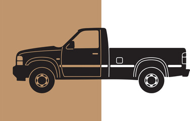 Black pickup truck vector illustration on a divided background of neutral tan and white.