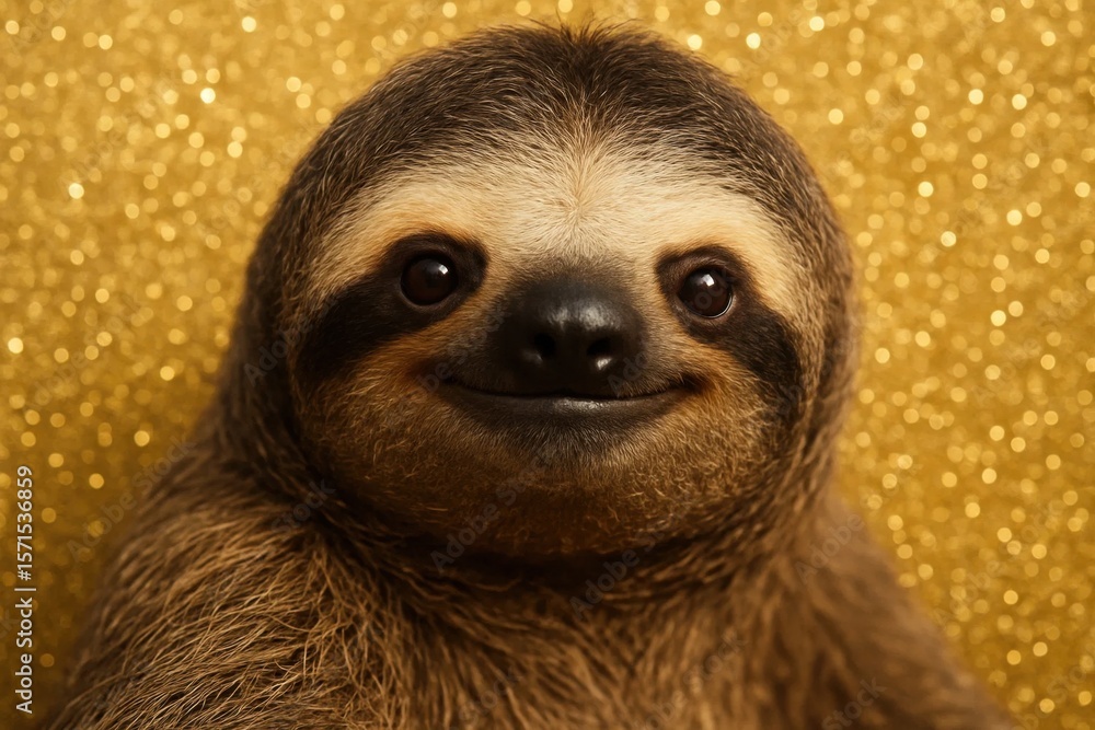 Poster a joyful sloth gazes into the camera with a sparkling golden backdrop