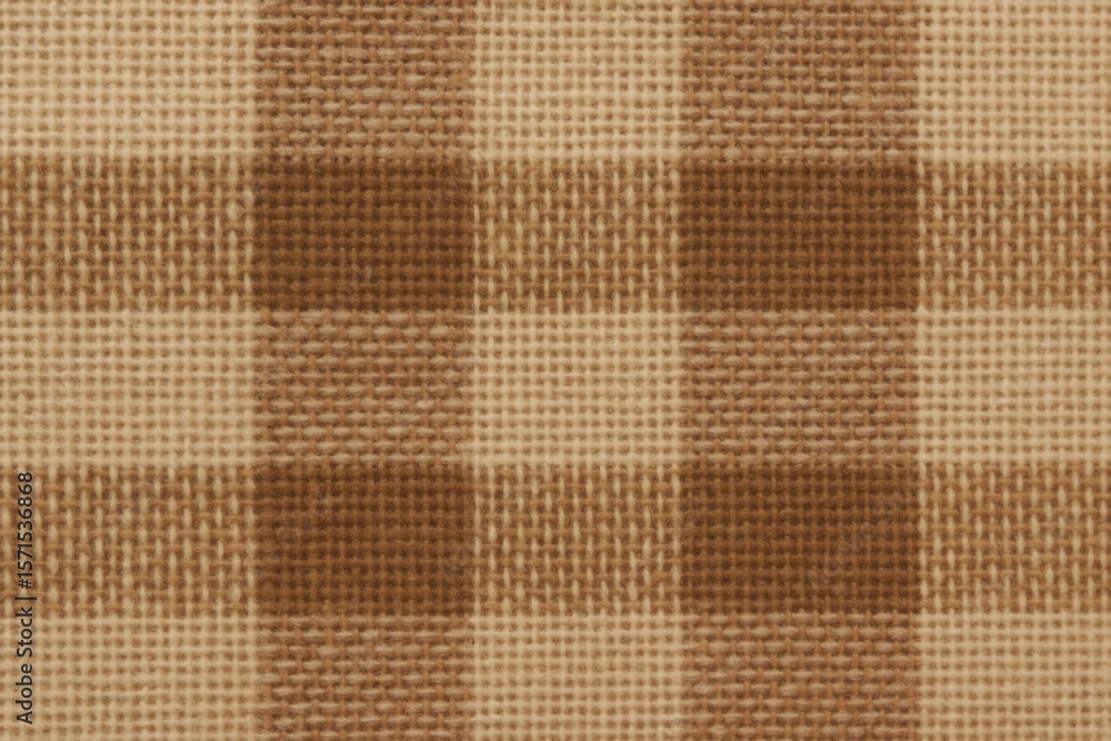 Poster a close-up view of a textured fabric with a repeating pattern of brown squares on a beige background