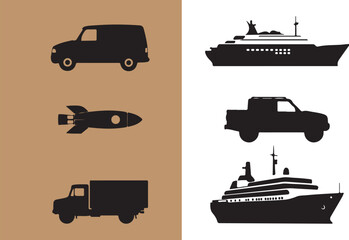 Collection of silhouette transportation elements depicting various modes of transport and travel