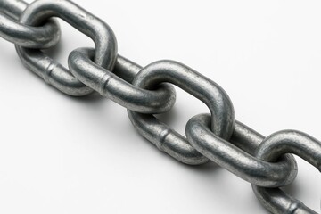 Obraz premium A solitary chain of steel links stretches across a pristine white background, symbolizing strength and resilience