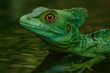 Obraz premium A vibrant green lizard gazes calmly into the depths of a tranquil pond, its scales shimmering with life and color