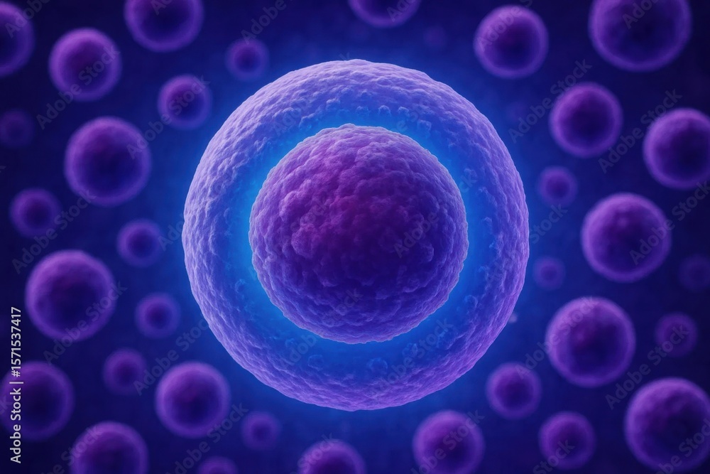 Poster a close-up view of a cellular structure with a central nucleus surrounded by a blue ring, symbolizin
