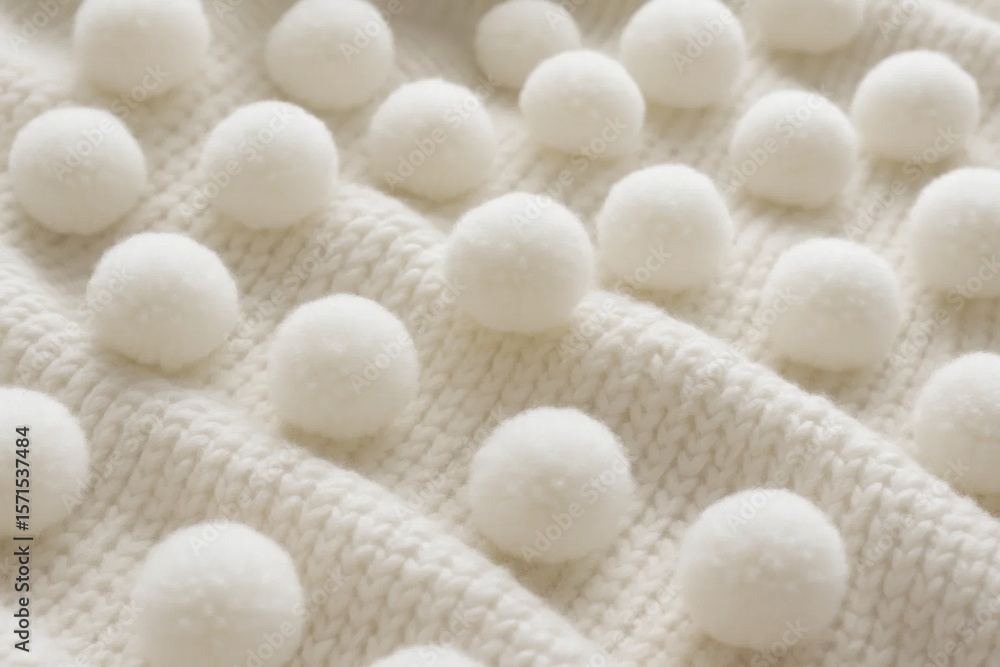 Poster close-up of a soft, white knitted fabric adorned with round pom-poms, showcasing a pattern that invi