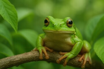 Amidst the verdant embrace of nature, a vibrant green frog sits poised on a branch, its eyes reflecting the dappled light filtering through the leaves