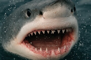 Naklejka premium A close-up of a shark's open mouth, revealing its formidable teeth and glistening fins in the water