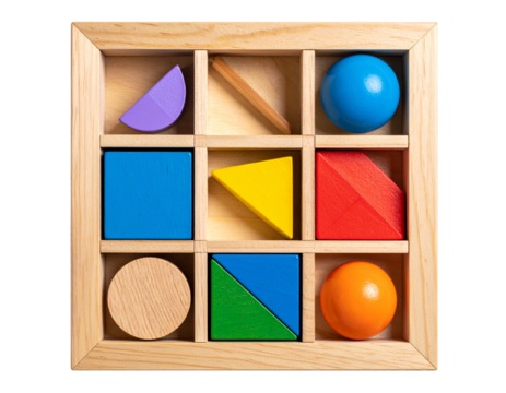 Wooden Square Puzzle Toy with Colorful Geometric Shapes, Top-Down View, Isolated on Transparent Background