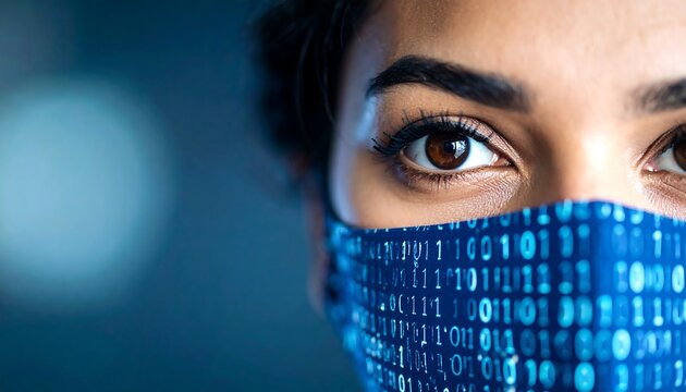 Close-up of a person wearing a binary code face mask - Powered by Adobe