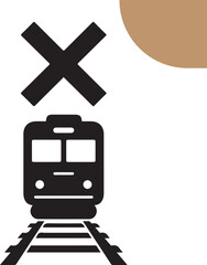 Railroad crossing symbol illustration with a train and a warning sign in minimalist black style.