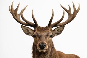 A majestic red deer stands in front of a white background, its antlers reaching out towards the sky