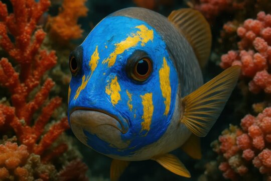 A striking blue fish with yellow stripes peeks out from a vibrant coral reef, its gaze meeting ours in a moment of serene underwater exploration