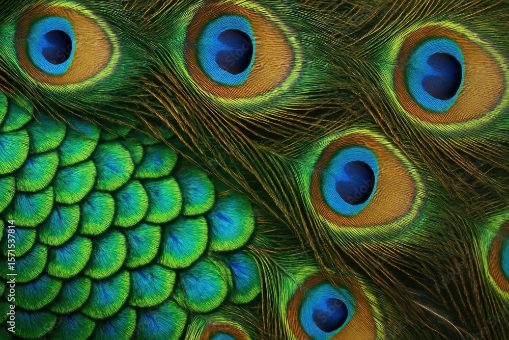 Poster a close-up of a peacock's vibrant feathers, showcasing the intricate patterns and colors that make t