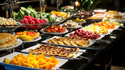 Colorful Buffet Display of Fresh Fruits and Delicious Breakfast Items