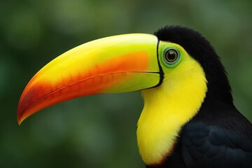 Fototapeta premium A vibrant Toucan with a striking yellow beak stands out against a blurred green backdrop, capturing the essence of its vivid plumage and gentle demeanor