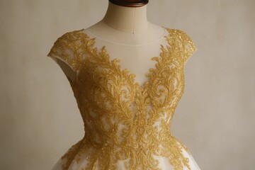 Obraz premium A Study of Golden Floral Lace on a Bridal Gown Mannequin