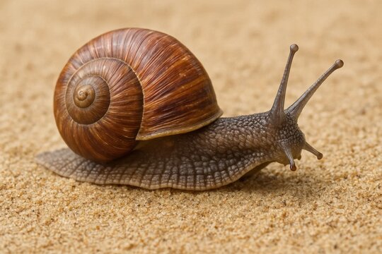 A solitary snail crawls across sandy terrain, its spiral shell a testament to nature's intricate design
