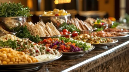 Fototapeta premium Colorful Buffet Spread Featuring Fresh Salads, Dishes, and Garnishes
