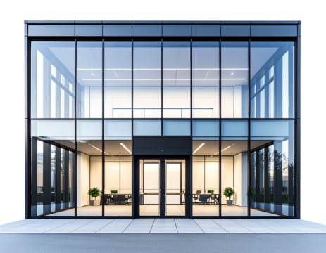 Modern Glass Office Building with Reflections, Front Angle, Isolated on Transparent Background