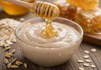 Natural oat and honey face mask in a glass bowl, highlighting creamy texture and organic ingredients, ideal for skincare and beauty routines focused on hydration and nourishment