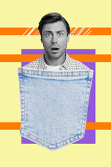Banner vertical photo collage of happy girl guy peek denim pocket dance party weekend chill...