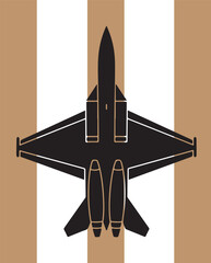 Illustrated overhead view of a military jet airplane with a striped background in minimalist style