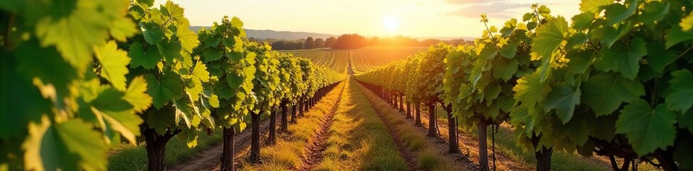 Fototapeta premium Sun-Drenched Vineyard Rows Stretching to the Horizon Lush Green Leaves, Ripening Grapes, Picturesque Landscape Perfect for Wine, Agriculture, and Travel Photography