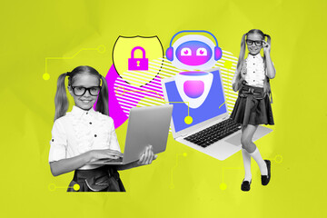 3d pop image sketch art collage of two happy schoolgirls classmates hold laptop robot helper shield...