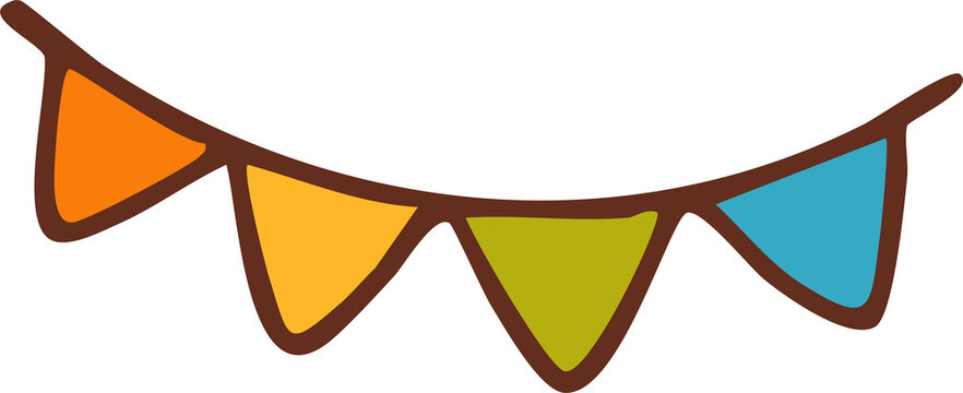 A festive cartoon-style string of colorful triangular pennant flags in orange, yellow, green, and blue, outlined in brown.