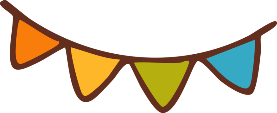 A festive cartoon-style string of colorful triangular pennant flags in orange, yellow, green, and blue, outlined in brown. - Powered by Adobe