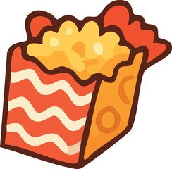 A whimsical cartoon-style box of popcorn with a red and yellow striped design, filled with fluffy popped kernels.