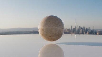 Textured Sphere Floating Over Reflective Surface with City Skyline Background