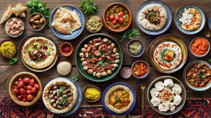 Diverse Middle Eastern Dishes Spread on Wooden Tabletop