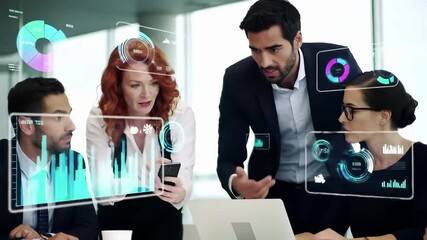 Business team analyzing holographic data visualization in modern office. Corporate professionals collaborating with futuristic digital interface, charts and analytics dashboard technology. - Powered by Adobe