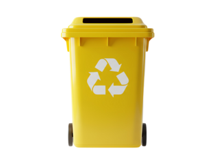 yellow recycle bin PNG. yellow bin for recycling trash isolated. yellow garbage bin isolated on transparent background for waste sorting visuals