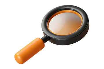 Modern 3d magnifying glass with orange handle isolated on transparent background