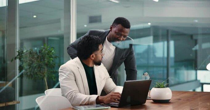 Men, handshake and happy with laptop at office for greeting, finance review and insight for revenue data. Business people, smile and hello with computer, team and hug with collaboration at agency