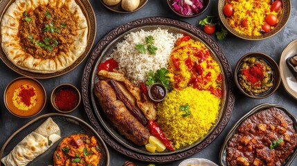 Colorful platter of diverse delicious dishes with spices and rice