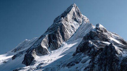 Obraz premium Majestic snow-capped mountain peak against a clear sky.
