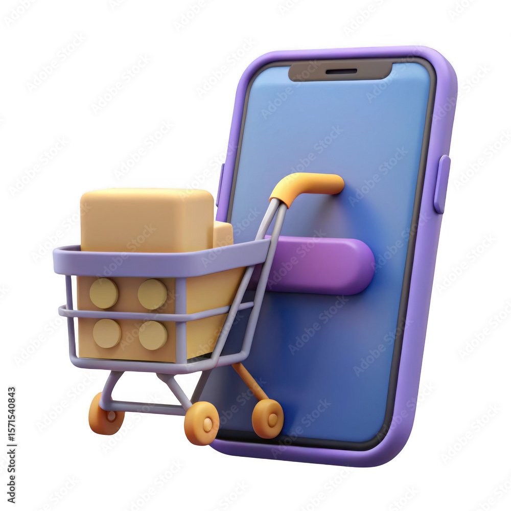 Poster 3d shopping cart with boxes on a smartphone screen isolated on transparent background