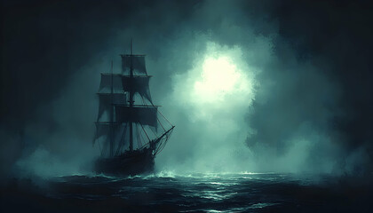 Fototapeta premium Atmospheric painting of a ship sailing through a dark, moody ocean with a bright light behind
