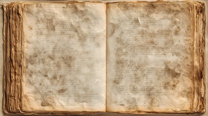 An antique book lies open, its aged pages offering a textured, vintage parchment background or space for creative writing.