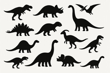 Dinosaur Silhouette Vector Set with Iconic Dino Species and Dynamic Poses on White Background