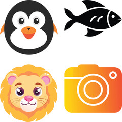 Fototapeta premium Vector art of a delightful collection of cartoon animals a penguin face, a fish, a lions face, and an instagramstyle camera icon