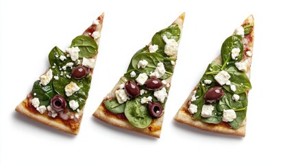 Delicious Spinach and Feta Pizza Slices on a White Background