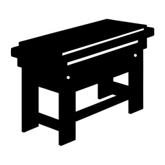 Monochrome illustration of a vintage workbench or crafting table, standing on four legs