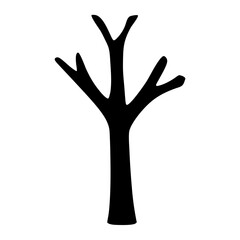 A stark black silhouette of a bare tree against a white background