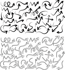 Collection of hand drawn arrows directional graphics in black and white